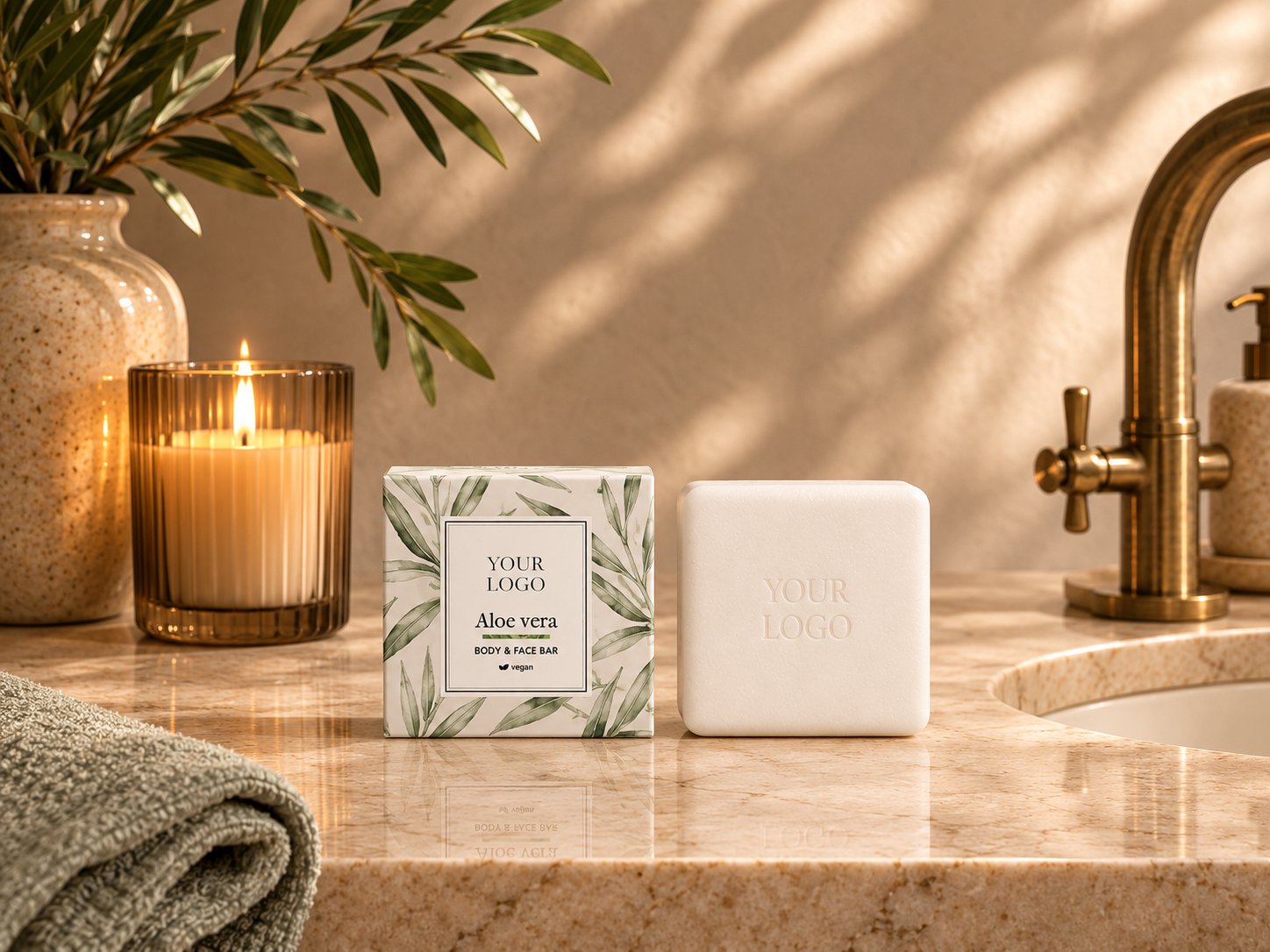 Zeep met gepersonaliseerde verpakking in een verzorgde wellnesssetting