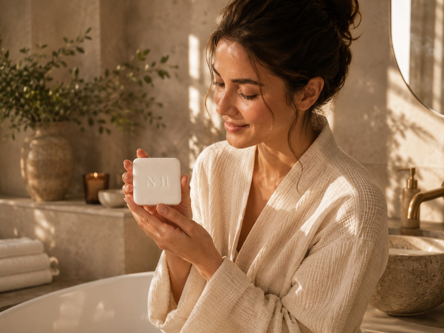 Vrouw met een No41 Body & face bar in een lichte wellnessomgeving